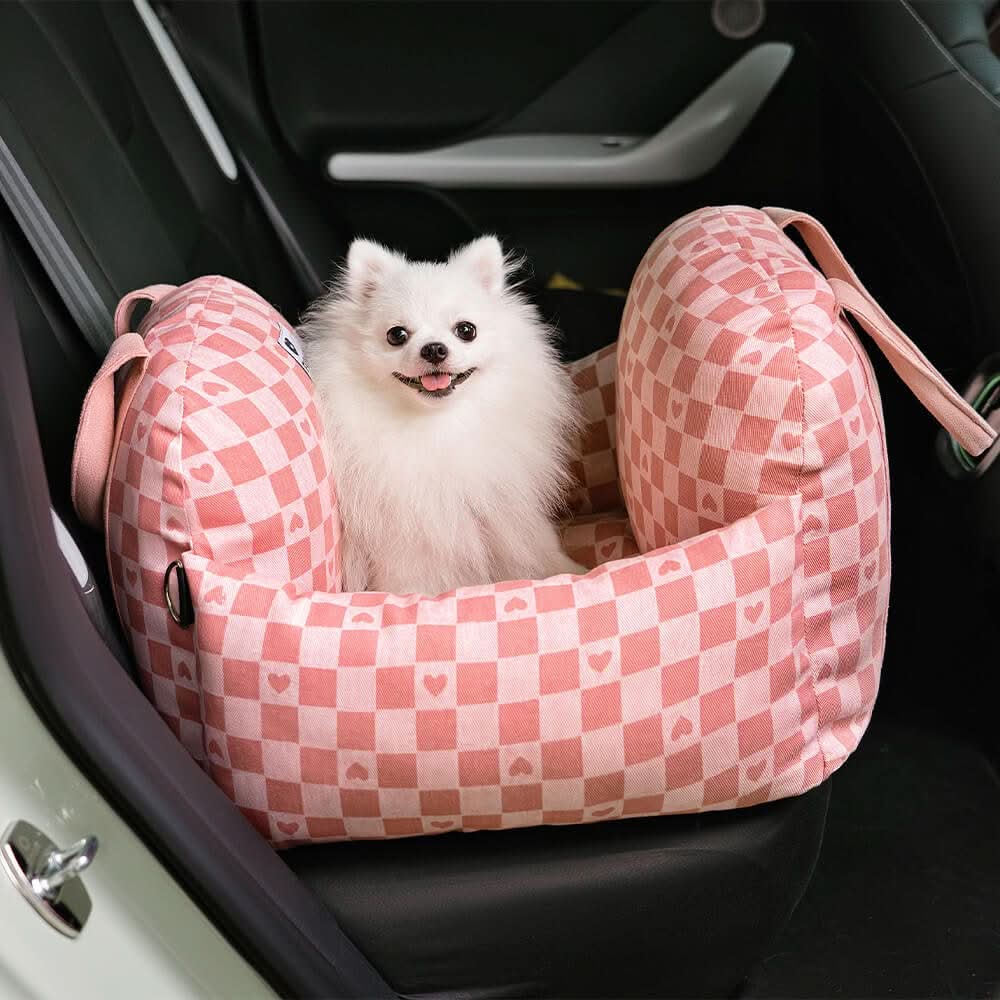 All-in-one dog booster car seat: safety belt, non-slip base, and comfortable washable pet bed.