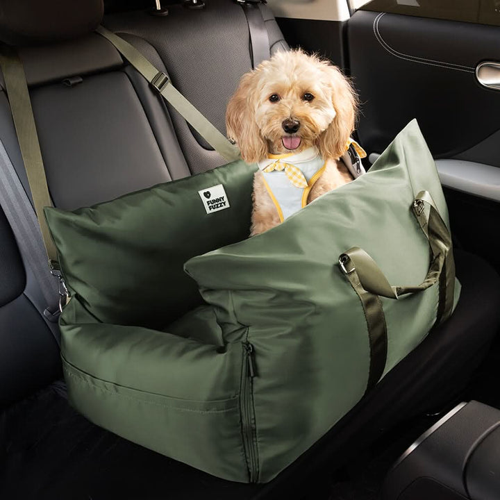 Booster car seat for small dogs, offering an elevated view, safety belt, and washable comfort.
