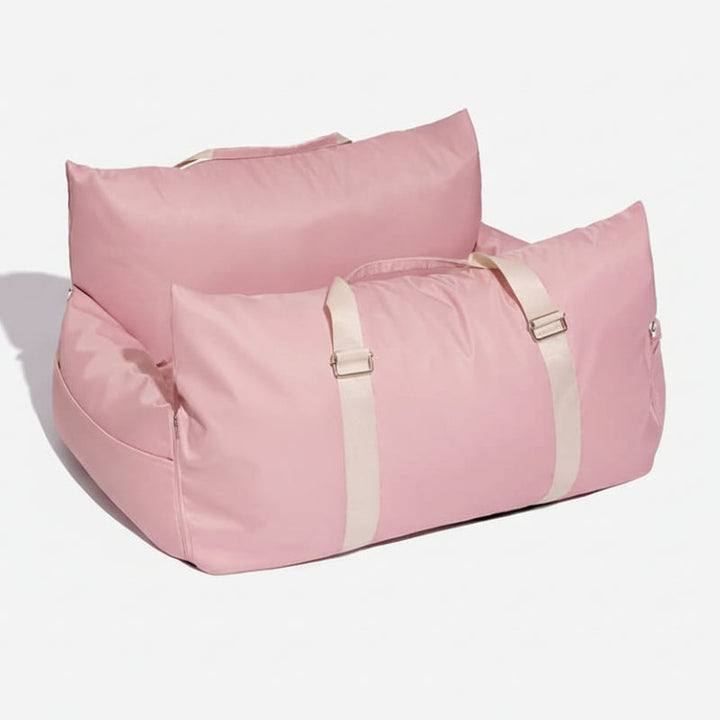 Safe pet carrier and booster car seat for dogs, with a safety belt & non-slip design for travel.
