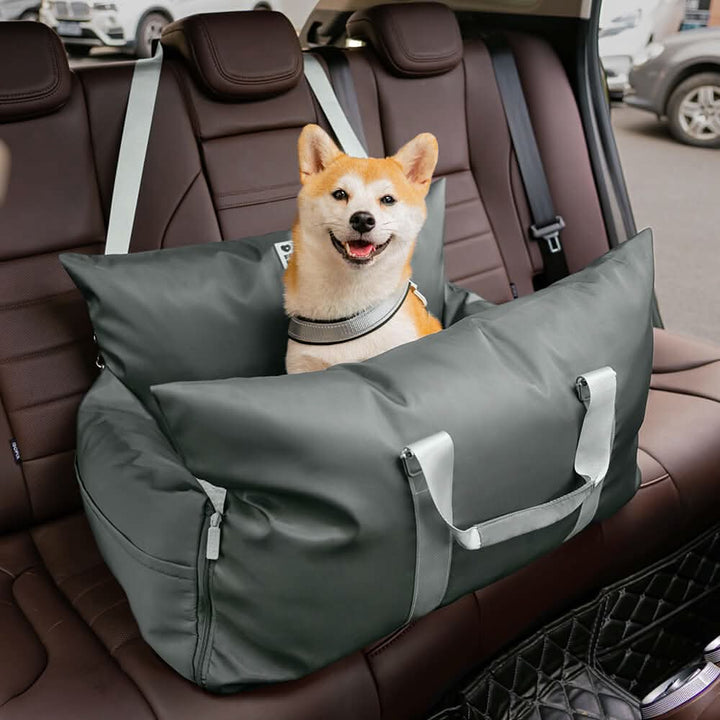 Ultimate stability for pet travel: dog booster car seat with non-slip base and secure safety belt.