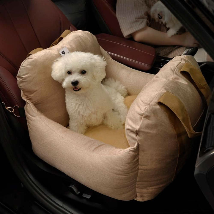Pet travel dog booster seat with safety belt ensures your furry friend's security & comfort in the car.
