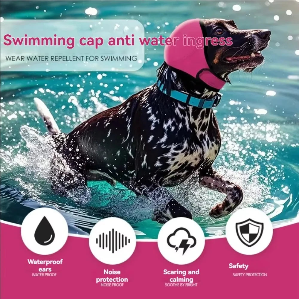 Pet dog earmuffs providing noise reduction & anxiety relief during thunderstorms for a calm pet.