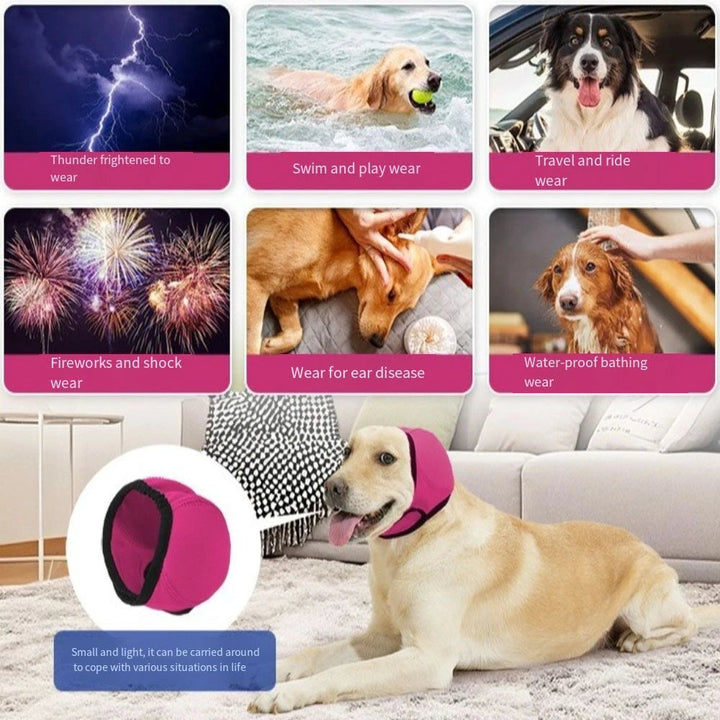 Calming dog gear: noise reduction earmuffs for firework safety & anxiety relief for dogs.