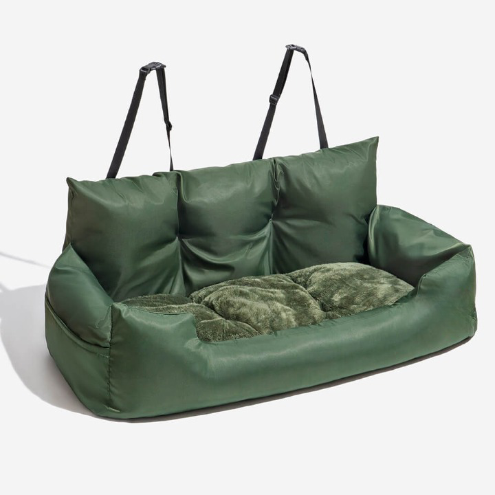 Washable dog car bed for medium to large dogs, fits securely in back seat. PawsRest pet travel comfort & safety.