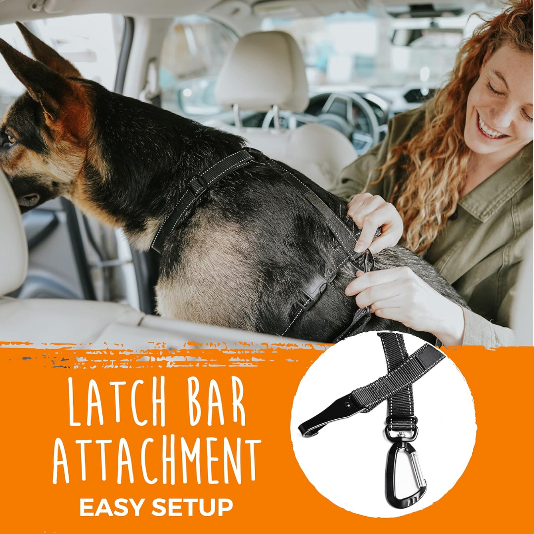 Heavy-duty, adjustable dog seatbelt for cars. Ensures pet safety and secure canine travel.