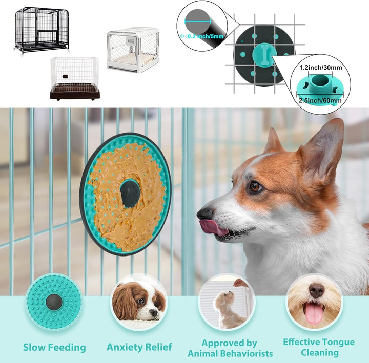 Happy dog enjoying a lick mat, a slow feeder for mental stimulation & anxiety relief.