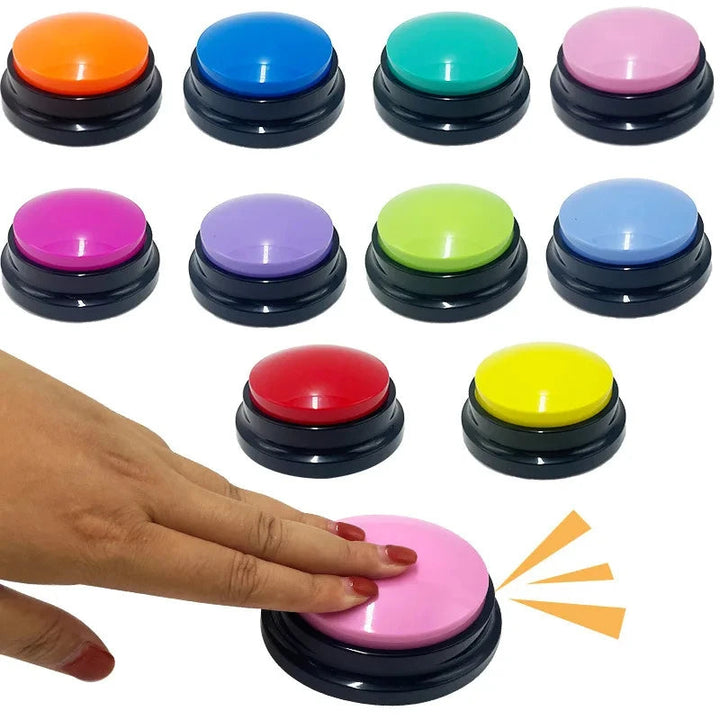 Brightly colored dog talking buttons. Innovative dog gadget for interactive pet learning.