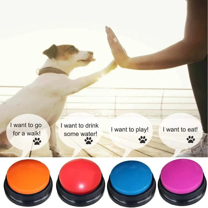 Close-up of a dog talking button with a paw icon, promoting pet communication & dog training.