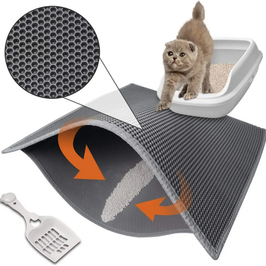 Double layer waterproof cat litter mat keeps floors clean & traps litter effectively.