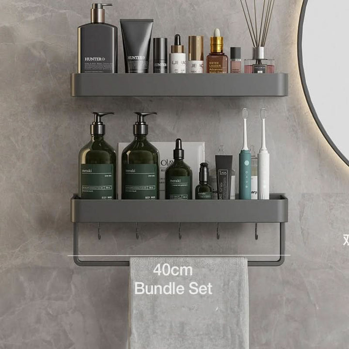 Practical drill-free wall-mounted bathroom shelf. Organizes toiletries and provides a handy towel bar.