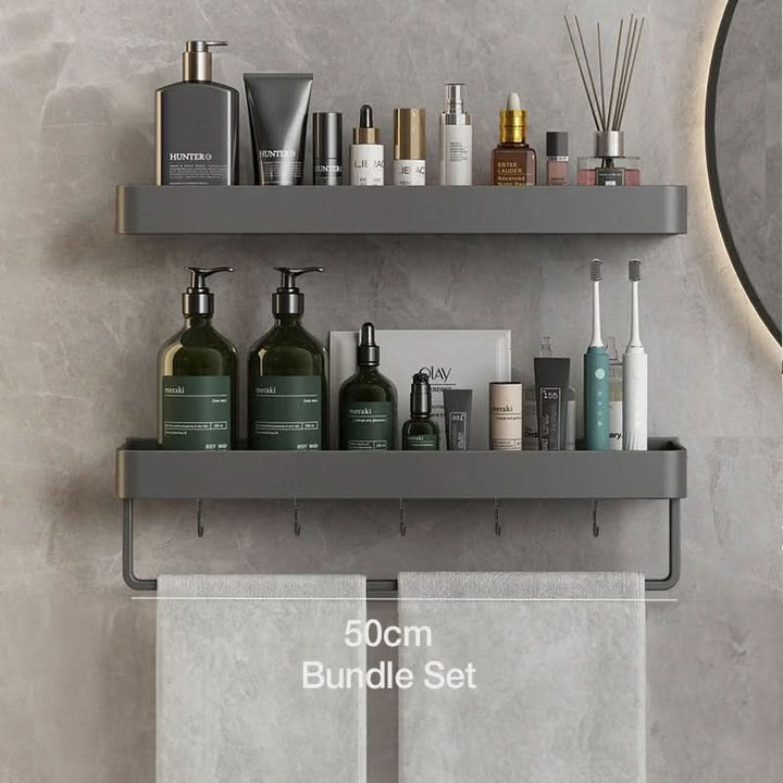 Convenient drill-free bathroom organizer with shelf and towel bar. Maximize storage in small bathrooms.