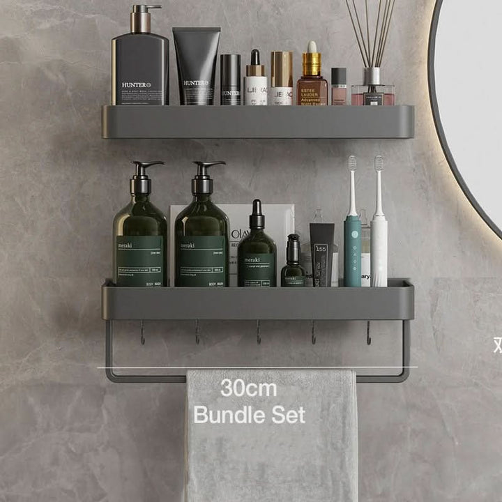 Stylish drill-free bathroom storage shelf for toiletries. Includes a towel bar for complete home organization.