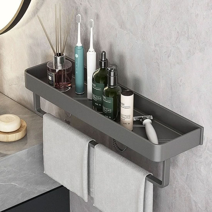 Easy install drill-free bathroom storage shelf for toiletries & towels. Space-saving wall organizer.