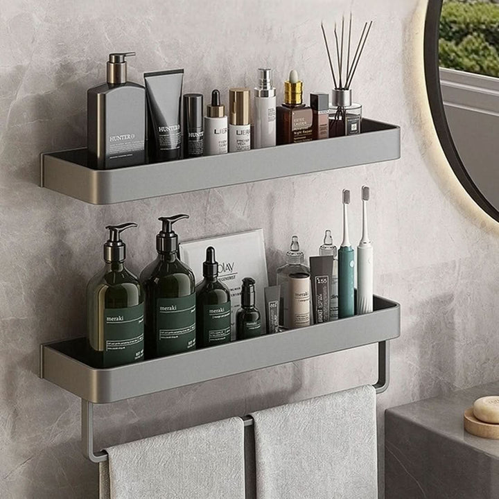 Modern drill-free bathroom shelf with towel bar. Organize toiletries & maximize space with wall mounting.