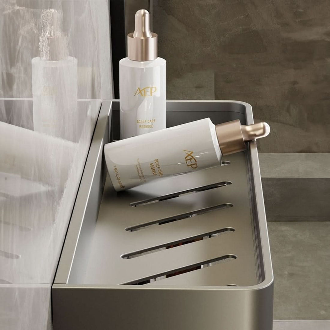 Wall-mounted bathroom organizer shelf, drill-free design. Perfect for toiletries & hanging towels.