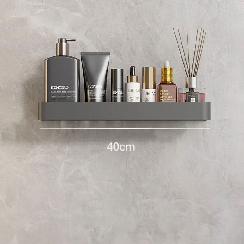Sleek drill-free bathroom storage shelf with towel bar. Ideal for modern home organization & essentials.