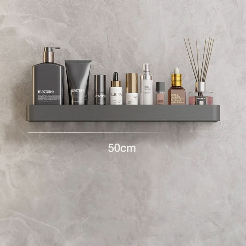 Functional drill-free bathroom organizer shelf for toiletries, towels. Space-saving wall-mounted storage.