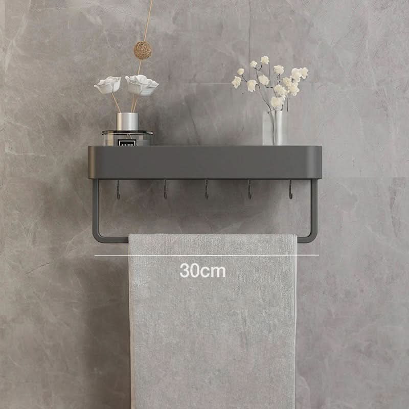 Contemporary drill-free bathroom shelf with integrated towel bar. Tidy storage solution for any bathroom.