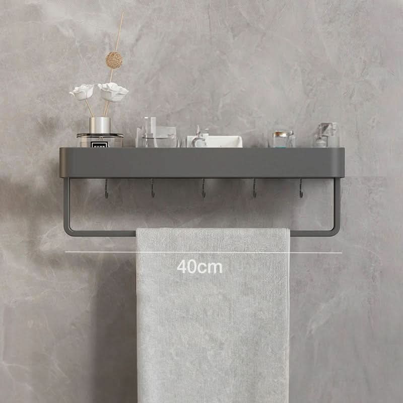 No-drill bathroom organizer shelf with towel bar. Quick wall mount for easy access to toiletries.