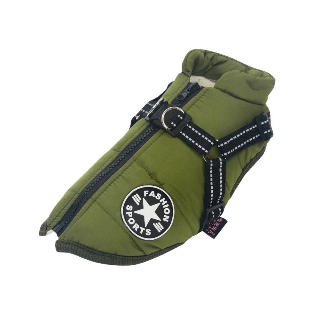 Integrated dog harness & waterproof winter coat, a warm, secure solution for cold weather.