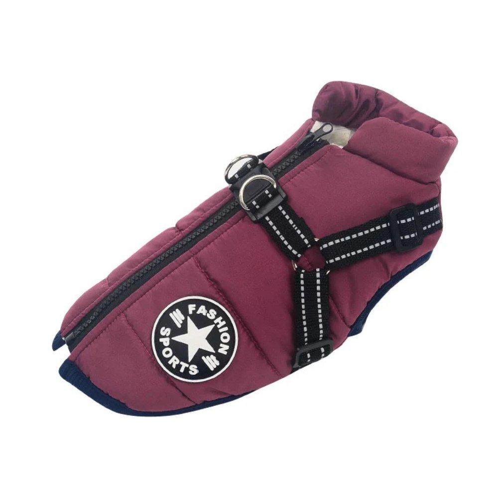 Keep your dog warm & dry with this waterproof winter coat & convenient built-in harness.