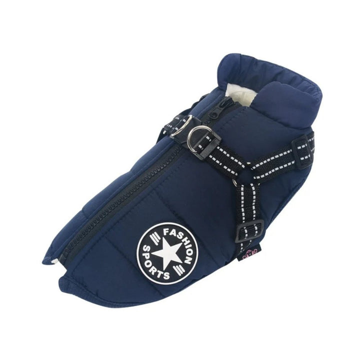 Cold weather dog gear: a waterproof winter coat featuring a comfortable integrated harness.