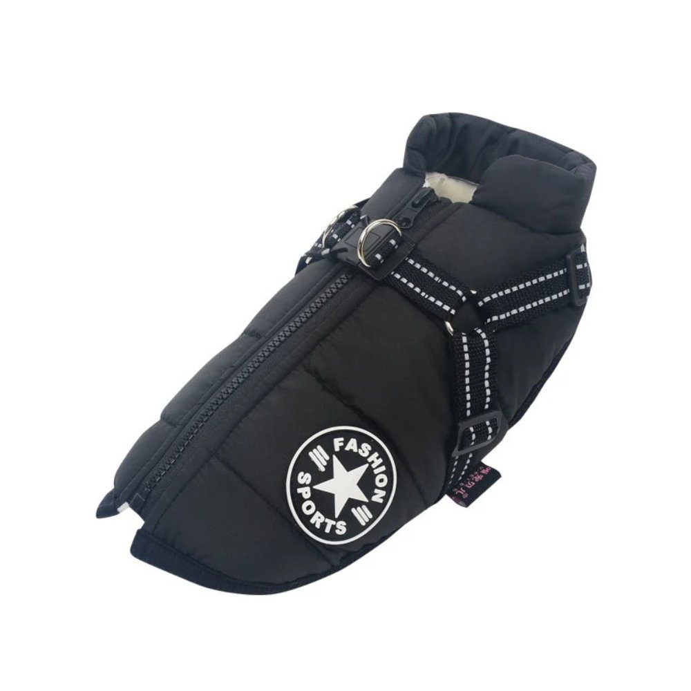DryPaw waterproof winter dog coat with built-in harness, essential pet apparel for outdoors.