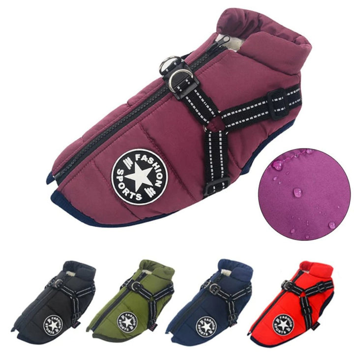 Durable waterproof dog jacket with integrated harness, providing warmth & protection.