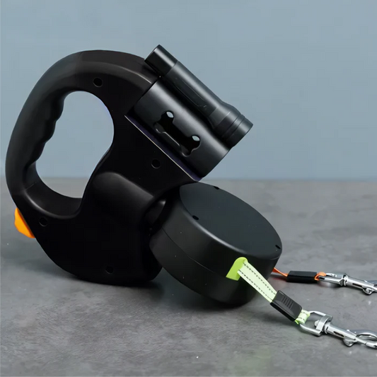 Dual dog leash with LED light and tangle-free 360° swivel, perfect for safely walking two dogs at night.