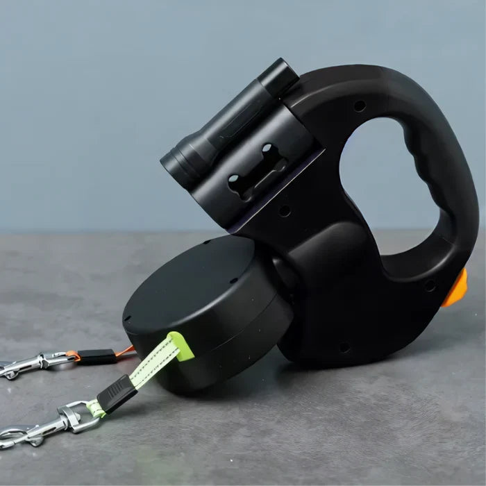 Dual dog leash with LED light for walking two dogs tangle-free at night, ensuring safety and comfort.