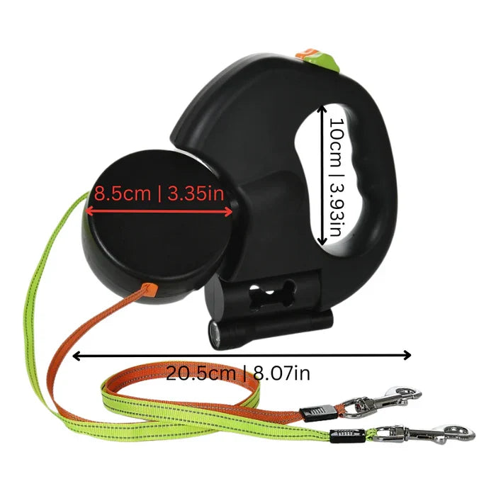 Tangle-free dual dog leash with integrated LED light for safe night walks with two dogs, comfortable grip.