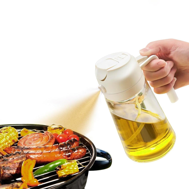 Dual function olive oil sprayer & dispenser for healthy cooking. Glass bottle, kitchen gadget.