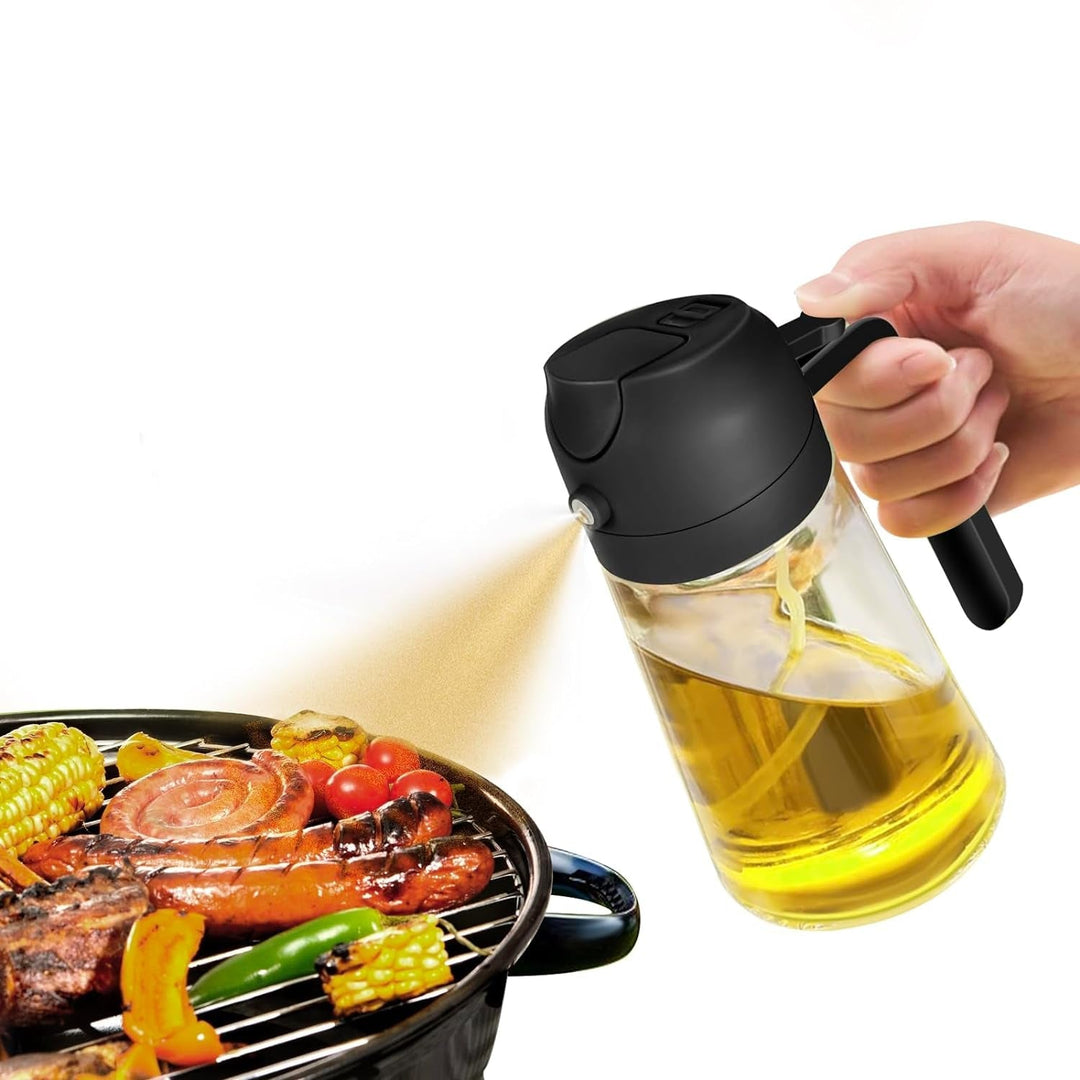 Kitchen olive oil mister & pourer. Glass dispenser, essential for healthy food prep and cooking spray.