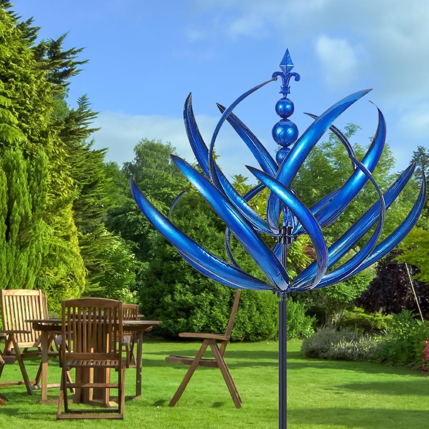 Dual motion metal wind spinner for garden decor, featuring rotating blades and weather-resistant finish.