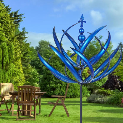 Dual motion metal wind spinner for garden decor, featuring rotating blades and weather-resistant finish.
