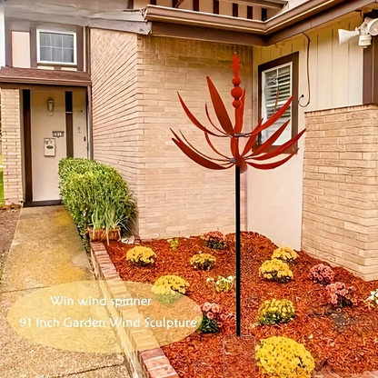 Kinetic outdoor sculpture: large metal wind spinner with dual motion design for yard and lawn decor.
