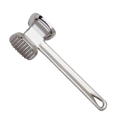 Stainless steel dual-sided meat mallet, an essential kitchen tool for tenderizing and preparing meat.