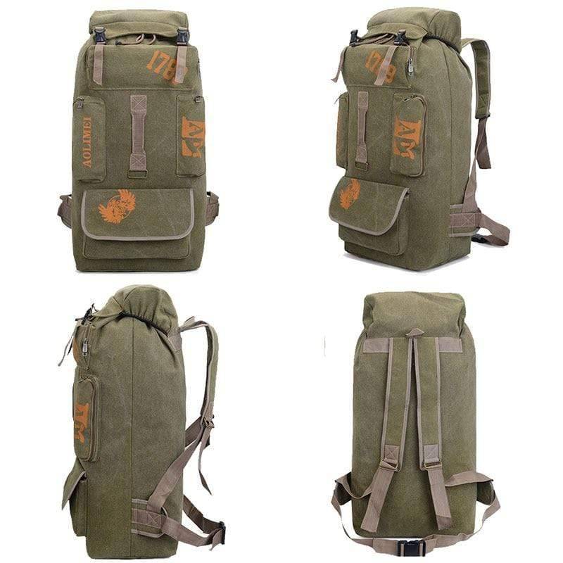 Side view of sturdy canvas rucksack, perfect for camping and long-distance hiking