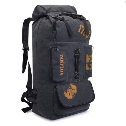 Model wearing a 100L canvas hiking backpack, comfortable and large capacity for travel