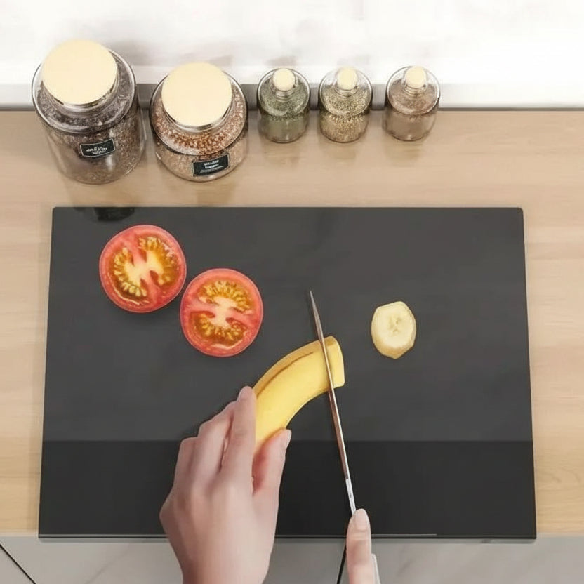 Clear acrylic cutting board for seamless food prep. Features a lip to secure on counters, durable & super easy to clean.