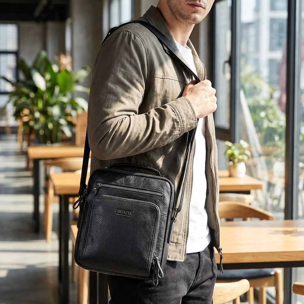 Durable black leather messenger bag for students. Unisex crossbody style, perfect for daily essentials & work.