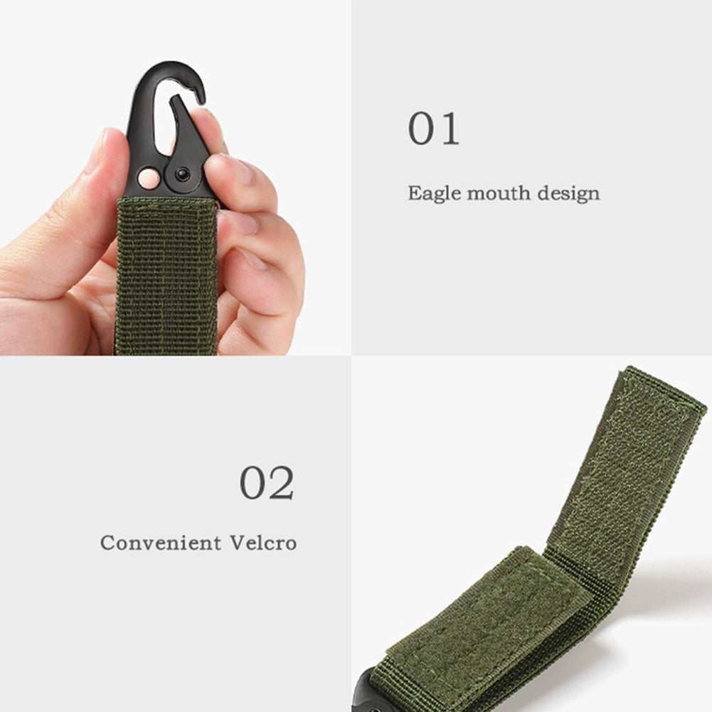 Molle compatible tactical gear clip two-pack, essential for outdoor and camping setups
