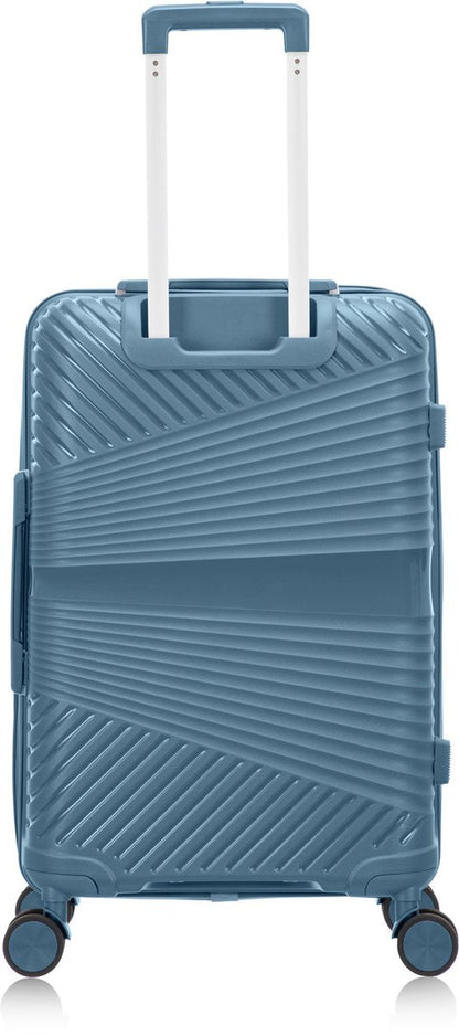 Essential blue hardshell travel gear: durable suitcase with spinner wheels for smooth, secure vacation journeys.