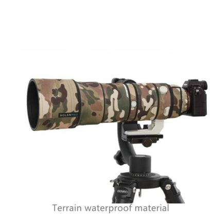 Rugged camouflage lens case, waterproof, keeps camera lenses safe and dry for adventure photography.