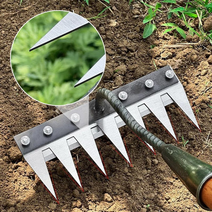Durable carbon steel garden rake head for efficient lawn care, weeding, and soil scarifying.