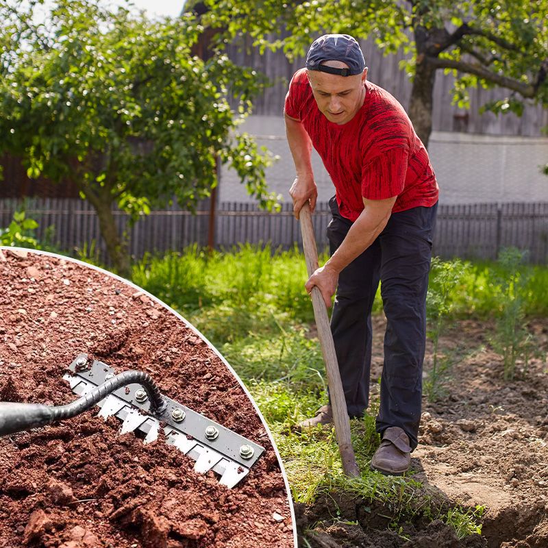 Versatile detachable carbon steel garden rake head, ideal for lawn care, gardening, and landscaping.