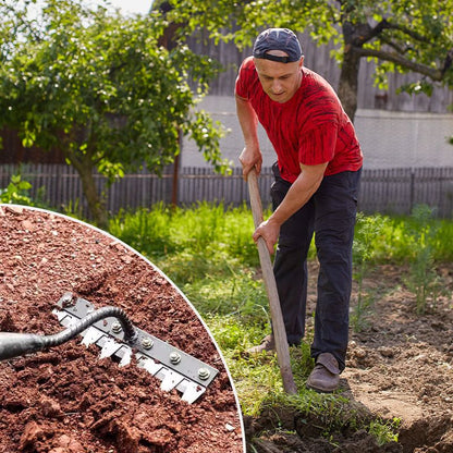 Versatile detachable carbon steel garden rake head, ideal for lawn care, gardening, and landscaping.