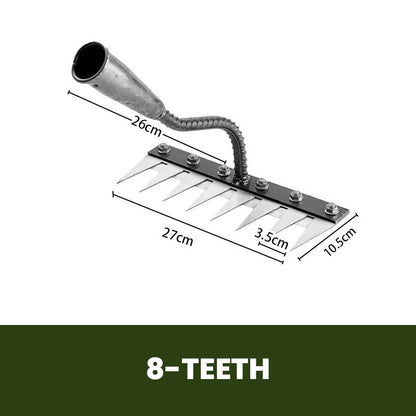 Sturdy carbon steel garden rake head; a vital lawn care, soil scarifier, and versatile gardening tool.