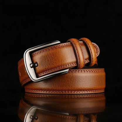Men's full-grain leather belt with a sturdy buckle. A durable, classic, and fashionable accessory.