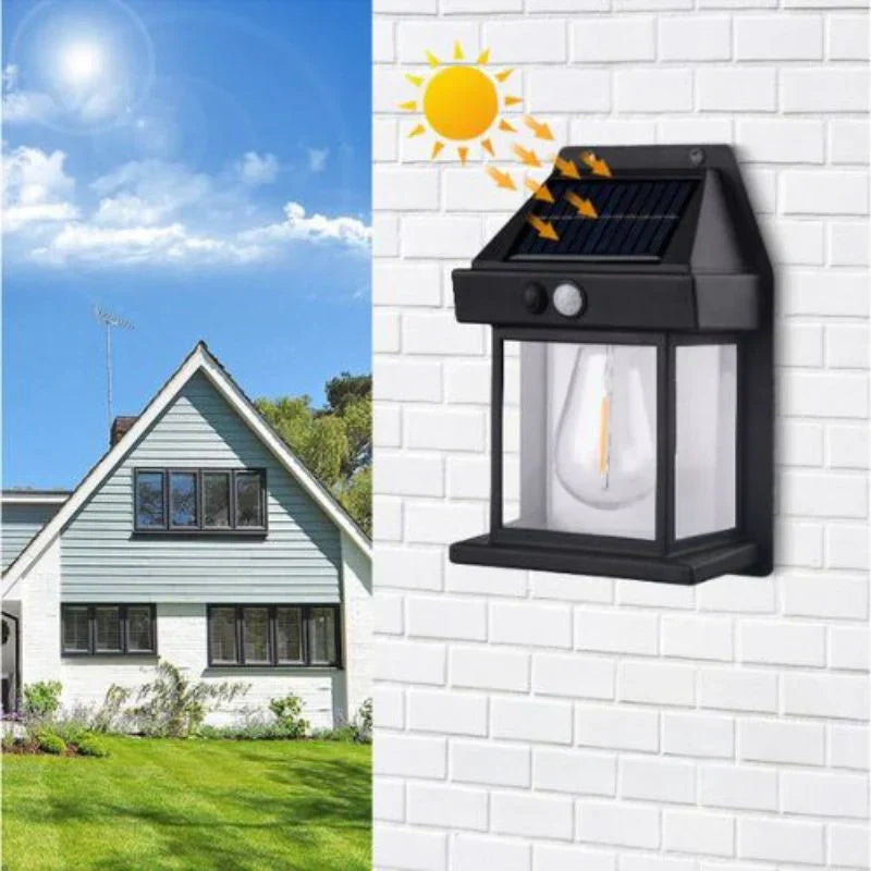 Durable outdoor solar wall lamp with automatic LED illumination, perfect for garden, patio, or pathway lighting.